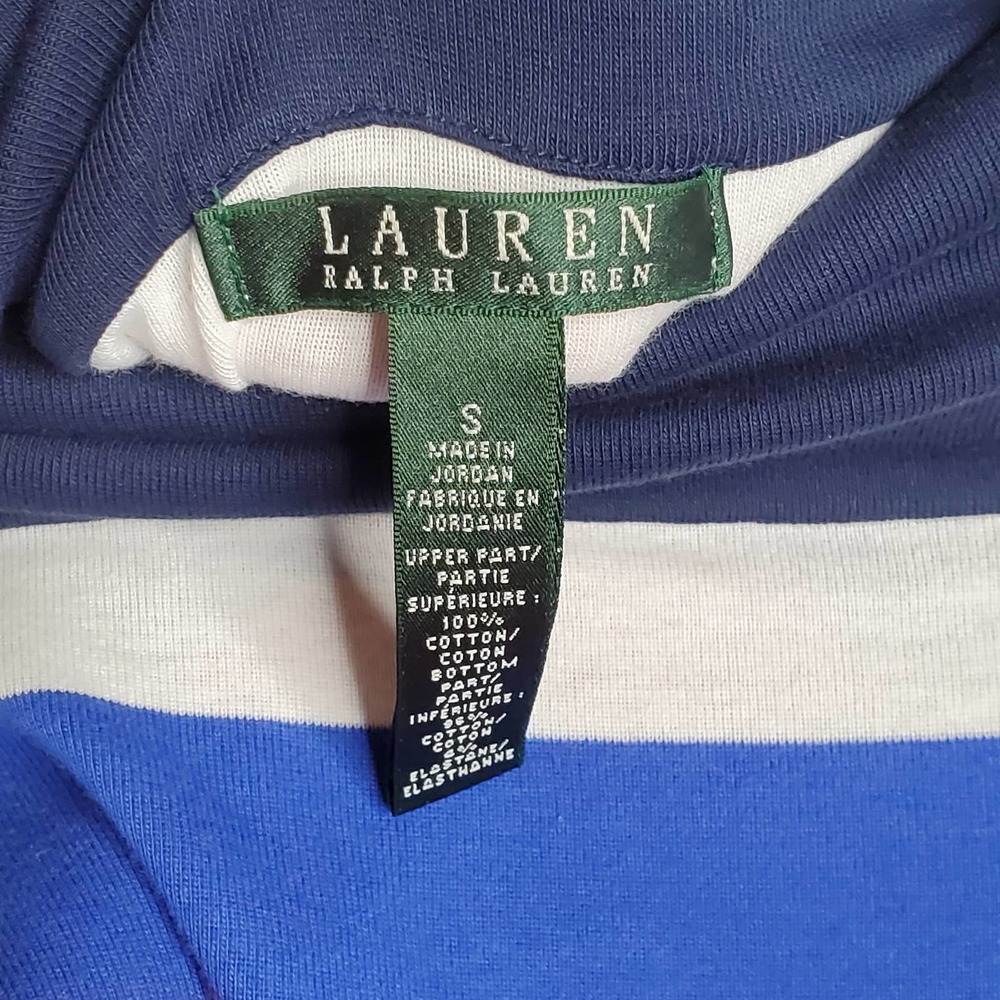 LAUREN RALPH LAUREN Navy Blue Off Shoulder Belted 100% Cotton Dress Sz Small S - Picture 4 of 5